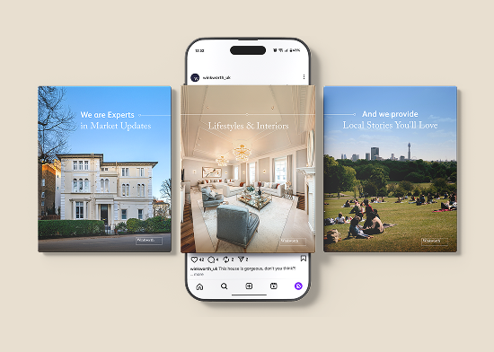 A smartphone displays an Instagram post with a bright, elegant living room—perfect for showcasing your branding. On the left, a white house features “We are Experts in Market Updates;” on the right, people in a park highlight Local Stories You’ll Love.