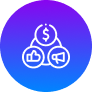White line icons on a blue-purple gradient circle: a dollar sign in a circle at the top, connected to a thumbs up and megaphone in circles below, representing finance, social approval, marketing, and effective branding.