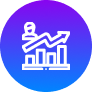 White icon of a person above a bar chart with an upward arrow, symbolizing growth or progress in branding, on a blue to purple gradient circular background.