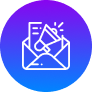 An icon of an open envelope with a paper and a megaphone inside, outlined in white on a purple and blue gradient circular background—perfect for branding materials.