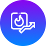 A white flame icon inside a square with an upward trending arrow, symbolizing growth or increase in branding, on a circular blue and purple gradient background.