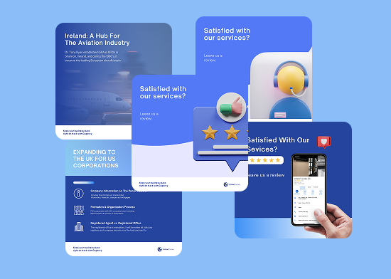 A collage of business-themed graphics, including a plane, headset, branding elements, customer review stars, and a hand holding a smartphone displaying a five-star review. Text highlights aviation, UK expansion, and customer service satisfaction.