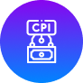 A white outline icon of a currency note and the acronym CPI above it, set against a purple to blue gradient circular background, ideal for branding financial products.