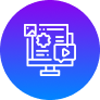 White line icon of a computer monitor displaying a gear, image, and play button, set against a circular blue to purple gradient background. Perfect for representing digital content creation, multimedia tools, or branding solutions.