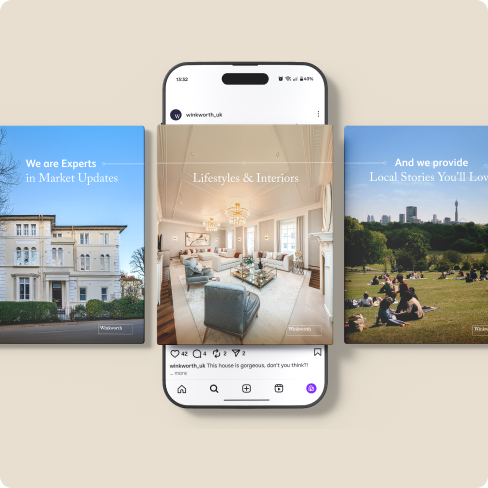A smartphone displays an Instagram post featuring a bright, elegant living room. On either side are images highlighting branding: a white building labeled “Experts in Market Updates” and a park scene labeled “Local Stories You’ll Love.”.