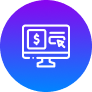 White line icon of a computer monitor displaying a dollar sign, text, and a cursor on a purple and blue gradient circular background, perfect for branding-related visuals.
