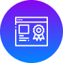 White outline of a webpage featuring a ribbon or award symbol, set against a circular gradient blue-to-purple background—perfect for showcasing branding achievements.