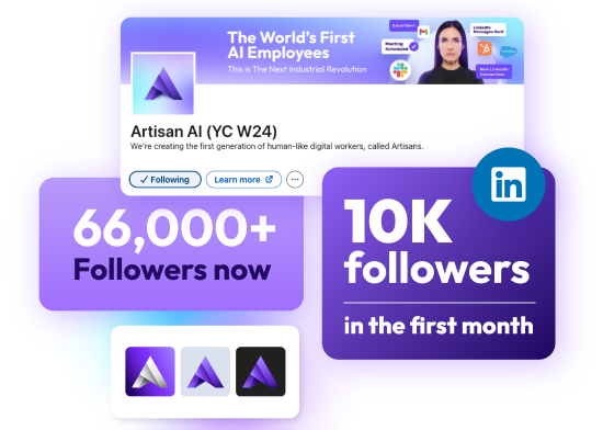 A promotional graphic for Artisan AI showcases strong branding, featuring 66,000+ followers, 10K LinkedIn followers in the first month, along with Artisan AI’s profile banner and logo icons.