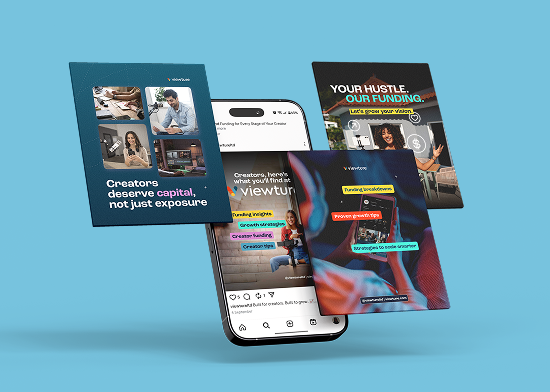 Four colorful promotional graphics for Viewtur float around a smartphone displaying an Instagram post; each eye-catching graphic highlights branding, funding, creators, and capital against a vibrant blue background.