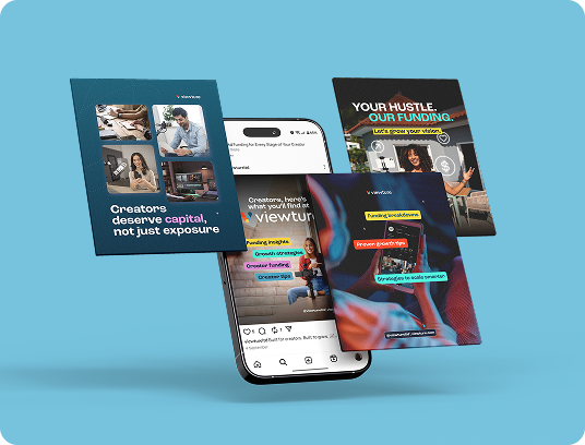 Three colorful promotional graphics highlighting branding float above a smartphone displaying a social media post, all set against a solid light blue background. The graphics feature text about funding and support for creators.