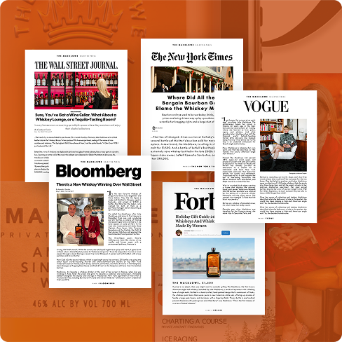 Five magazine and newspaper articles from The Wall Street Journal, The New York Times, Vogue, Bloomberg, and Forbes are arranged in a collage, all featuring stories related to whiskey branding.