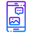 Blue and purple gradient icon of a smartphone with a chat bubble containing three dots and an image icon, perfect for branding apps focused on messaging or sharing media on mobile devices.