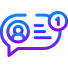 Blue and purple outlined chat bubble icon with a user profile and three lines, representing a message, features a circular notification badge with the number one in the upper right corner—ideal for modern branding needs.