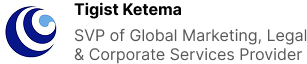 A blue and white abstract branding logo appears next to the text: Tigist Ketema, SVP of Global Marketing, Legal & Corporate Services Provider on a light background.