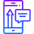 A blue and purple gradient icon of a smartphone with an upward arrow on the screen and a chat bubble to the right, symbolizing messaging or sharing—ideal for branding digital communication platforms.