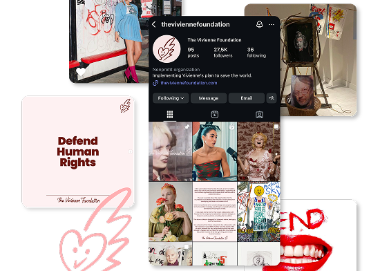 A collage featuring The Vivienne Foundation’s Instagram profile, bold branding elements, photos of art and people, a “Defend Human Rights” sign, and colorful visuals that promote advocacy and creativity.
