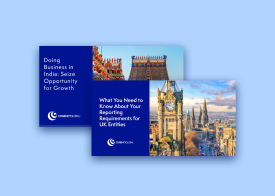 Two business presentation slides on a blue background feature strong branding. One highlights a colorful Indian temple with the text Doing Business in India: Seize Opportunity for Growth. The other shows a UK cityscape discussing reporting requirements.