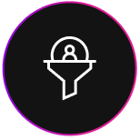 White outline of a person above a funnel on a black circular background with a pink and purple gradient border, perfect for representing a digital marketing agency London.