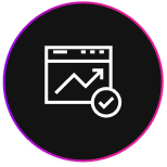 White line drawing of a web browser window with an upward trending arrow and a checkmark, inside a black circle with a pink and purple border—perfect for representing a digital marketing agency London.