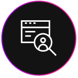 A white outline of a web browser window and a magnifying glass with a user icon inside, set against a black circular background with a pink and purple border—perfect for representing a digital marketing agency London.