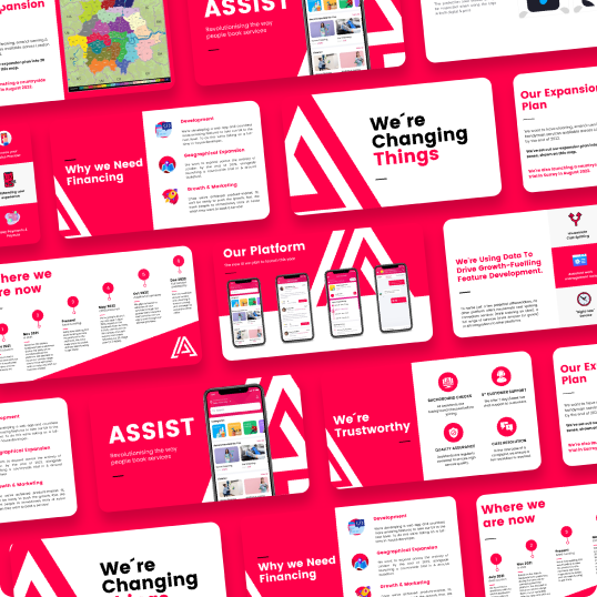 A collage of slides with red, white, and pink backgrounds featuring text, icons, maps, and images of smartphones. Phrases like “We’re Changing Things” and “ASSIST” are prominently displayed in this branding case study.