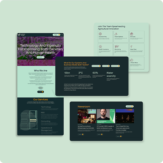 A website mockup displays sections about technology improving planetary and human health, services offered, statistics, a branding case study, newsroom updates, and a call to join an agricultural innovation team on a green background.