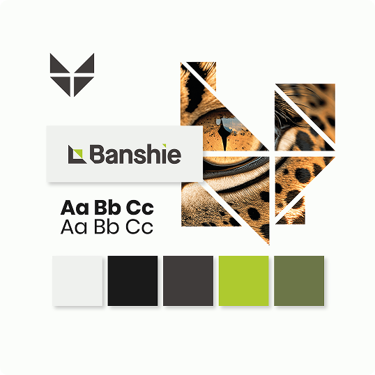 Brand board for Banshie featuring a geometric cheetah design, bold sans-serif font, and a color palette of white, black, dark gray, brown, bright green, and olive green—ideal for a distinctive branding case study.