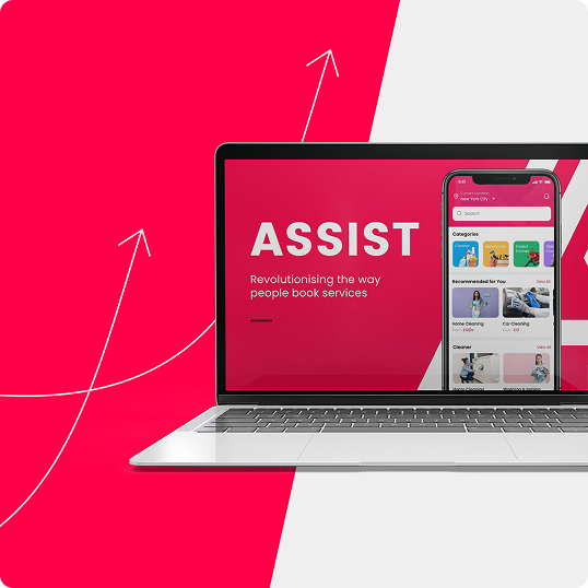A laptop and smartphone display a booking service app called ASSIST on a pink and white background with upward arrows, suggesting innovation and progress—a perfect visual for a branding case study.