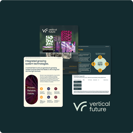 Three promotional pages for Vertical Future showcase integrated growing system technologies, benefits, and services. This branding case study features the Vertical Future logo at the bottom right on a dark green background.