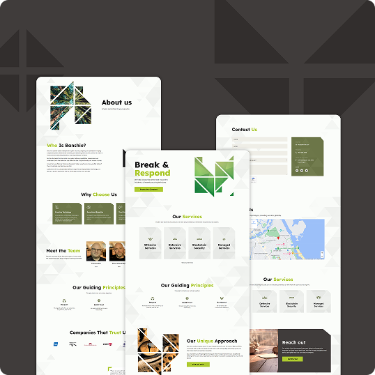 Three modern website pages are displayed side by side on a dark background, featuring green geometric accents, team photos, service lists, contact info, logos, and a Break & Respond section—an impressive branding case study with clean, white layouts.
