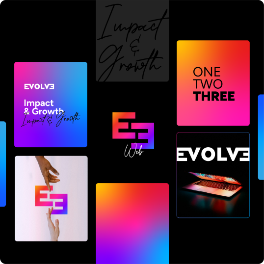 A branding case study collage features vibrant blocks with gradients, the words EVOLVE, Impact & Growth, ONE TWO THREE, a colorful EE Web logo, a laptop with neon keys, and two hands reaching toward each other over a stylized E.