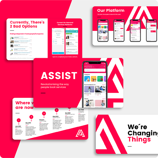 A presentation slide deck with bright pink and white backgrounds displays a branding case study for ASSIST, highlighting the booking platform’s features, timeline, service options, and mobile app screenshots.