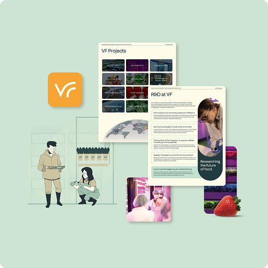 Illustration of two people inspecting plants, with floating screens showing branding case study VF projects and R&D activities, LED-lit plant shelves, a strawberry, and the VF logo on a green background.