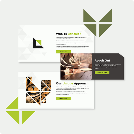 A modern website layout features sections like Who Is Banshie?, Our Unique Approach, and Reach Out, highlighting a branding case study with geometric green and gray accents, images of people working, wooden gears, all on a light background.