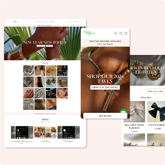 A collage of jewelry website pages displays product photos, a “New Year New Jewels” banner, mobile and desktop views, and sections showcasing rings, earrings, and accessories—featured in the Viewture creator funding case study on new arrivals and top picks.