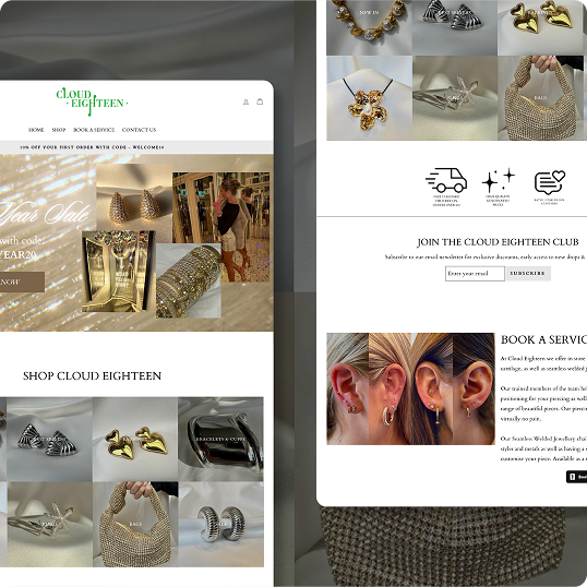 Screenshot of a jewelry website showing gold and silver earrings, rings, and bracelets. The site features a sale banner, product images, club membership offer, and highlights a Viewture creator funding case study for growing online businesses.