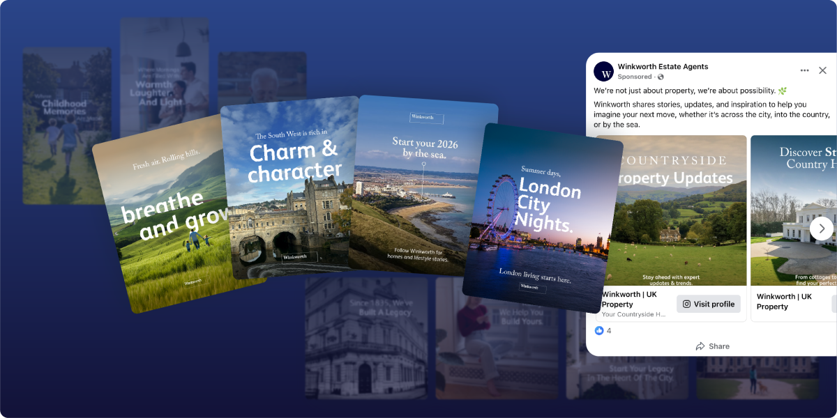 A social media ad by Winkworth Estate Agents, featured in a Winkworth estate agency case study, displays five property-themed postcards with scenic images and text like "breathe and grow" and "London City Nights" against a blue background.