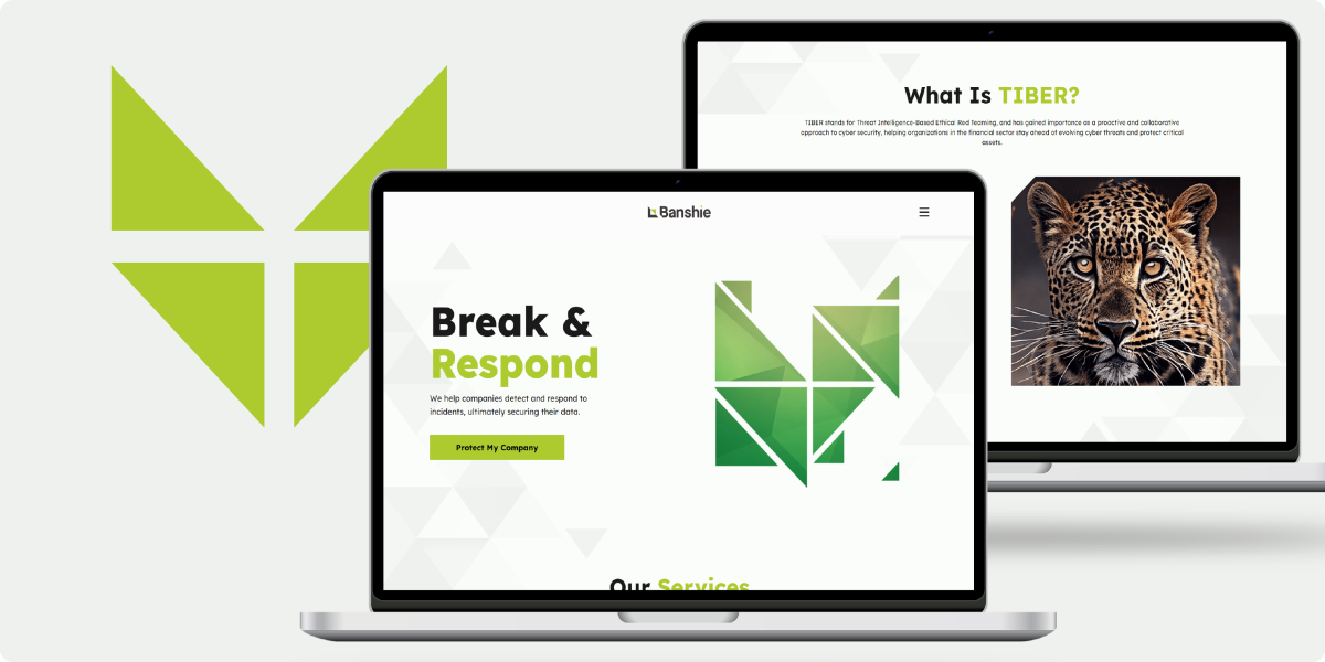 Two open laptops display a cybersecurity website called Banshee. One screen shows “Break & Respond” with green geometric designs; the other features a leopard and “What is TIBER?”—a striking branding case study with a green geometric logo on the left.