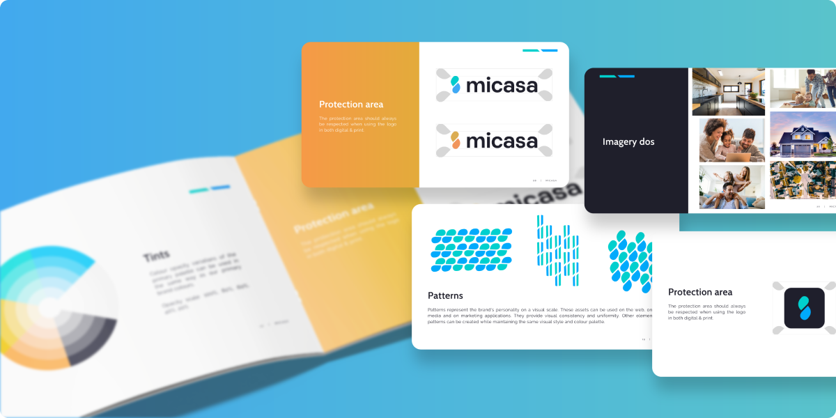 A digital display of Micasa branding guidelines, showcasing logo usage, color schemes, pattern designs, imagery samples, and a color wheel, all arranged on a blue gradient background.