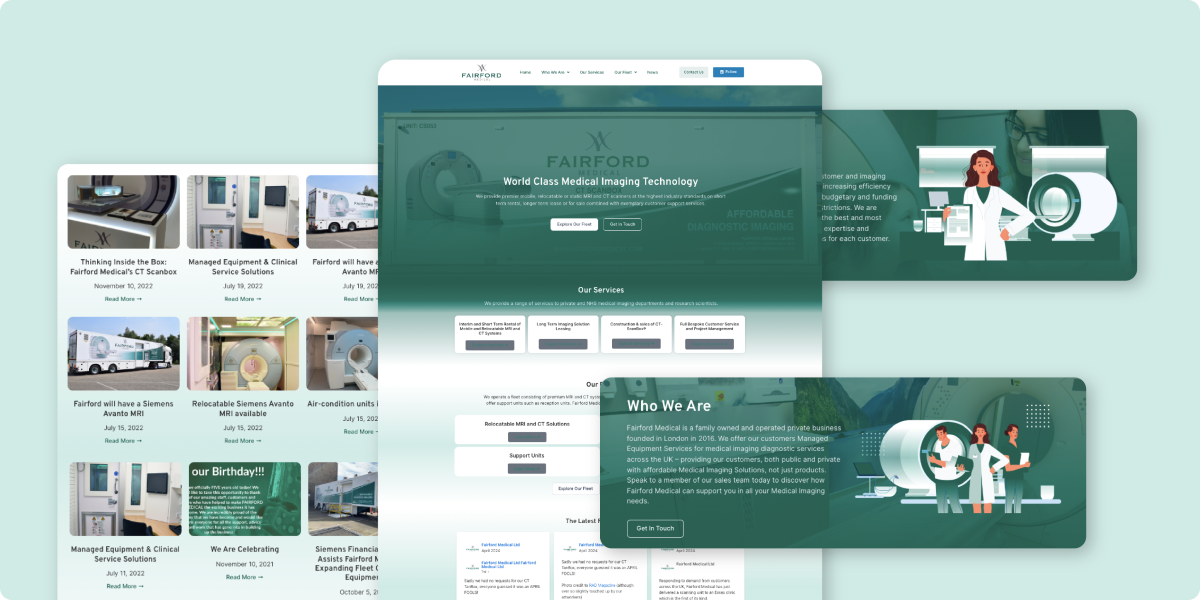 A digital collage displaying web pages and illustrations related to medical imaging technology, featuring MRI machines, service descriptions, cartoon doctors in lab coats working with imaging equipment, and elements from a web design case study.