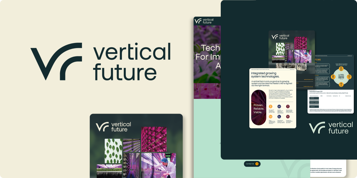 Branding case study mockups for Vertical Future featuring the logo, stylized VF symbol, and promotional materials with images of plants and vertical farming. The design uses green and neutral colors throughout.