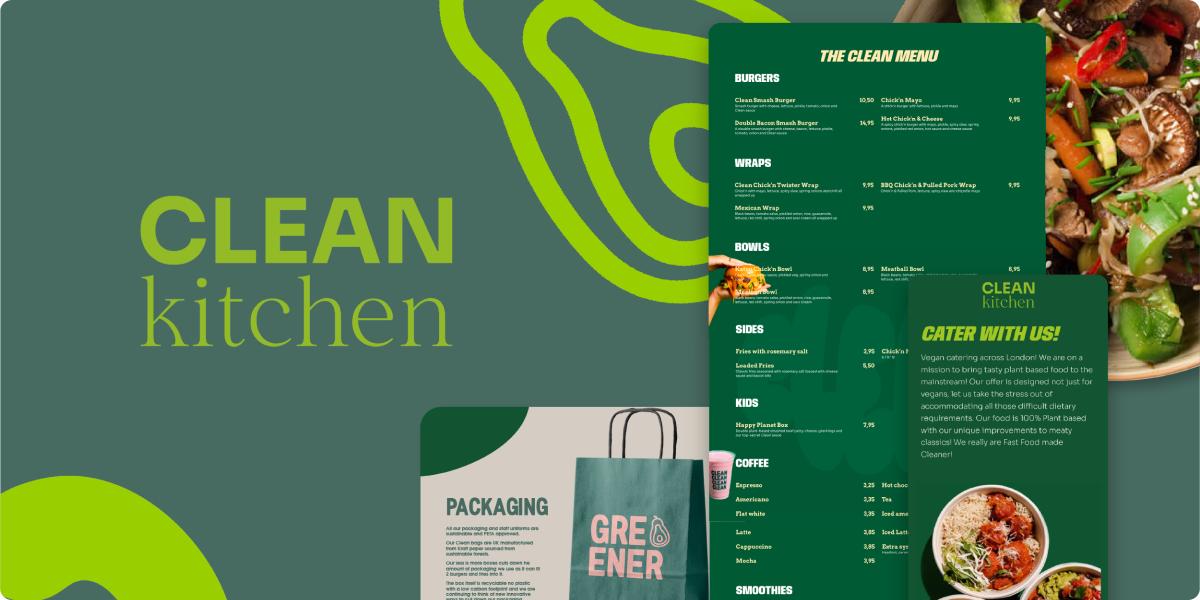 Promotional image for Clean Kitchen showcasing a green-themed menu, a salad bowl, a shopping bag labeled Greener, and text highlighting sustainable packaging and catering services—an ideal branding case study for eco-friendly businesses.