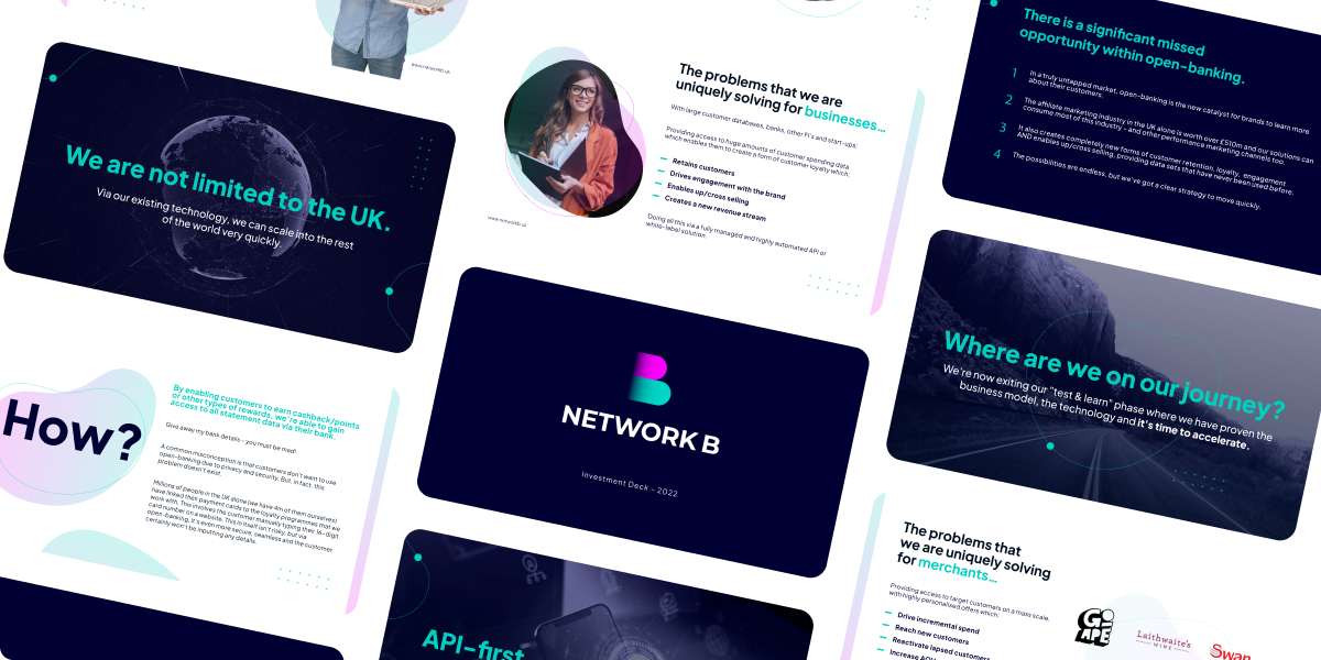 A collage of sleek presentation slides for Network B showcasing modern graphics, business text, technology themes, and professionals—highlighting a branding case study, company solutions, achievements, and a logo on a dark background.