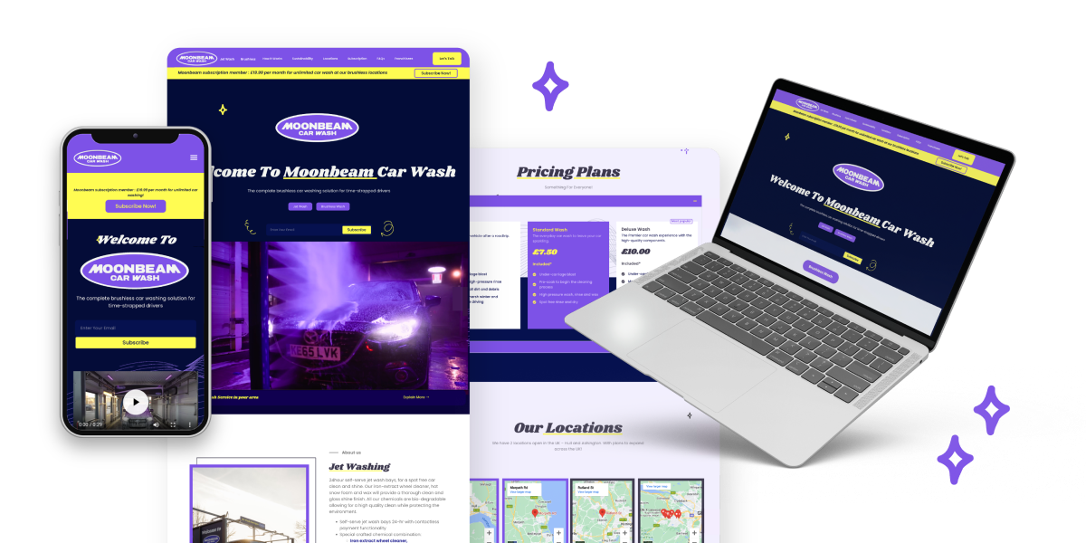 A mockup showcasing a car wash branding case study, with the website displayed on a smartphone, laptop, and two web pages featuring a welcome message, pricing plans, location info, and jet washing service in purple, yellow, and white.