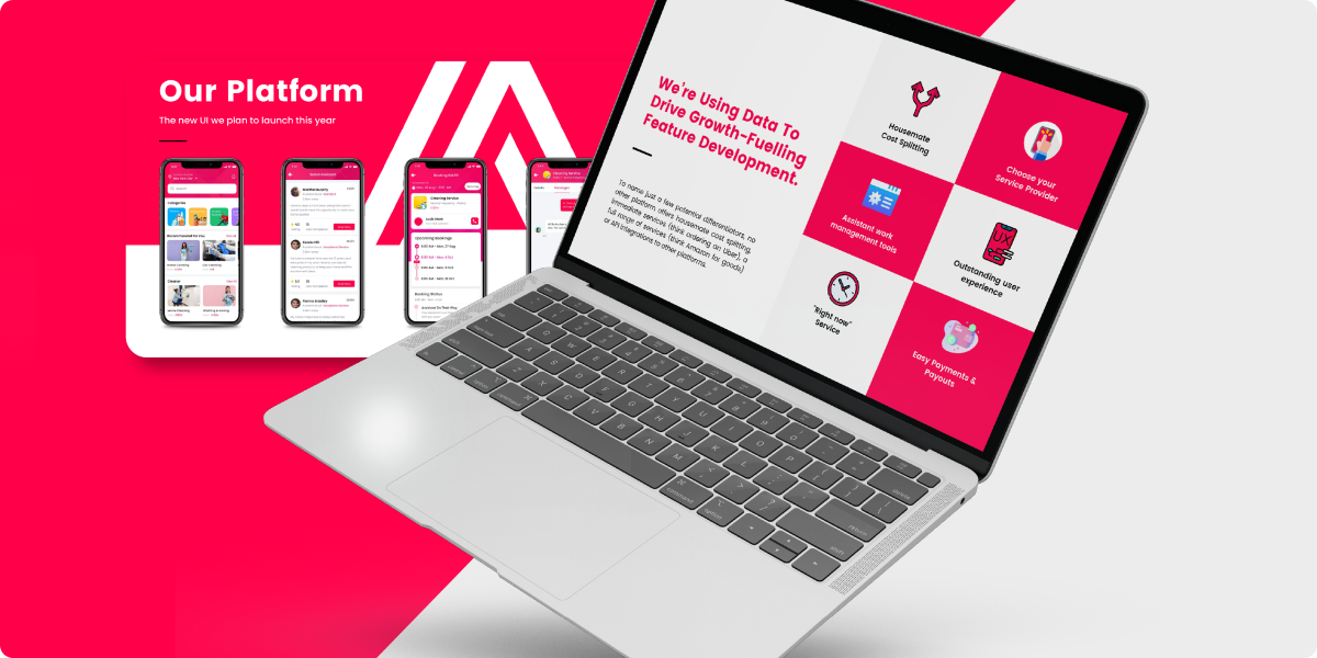 A laptop displaying a data-driven feature development presentation is angled on a pink and white background. Behind the laptop, four mobile phones showcase an app interface, illustrating a branding case study with the text Our Platform on the left.