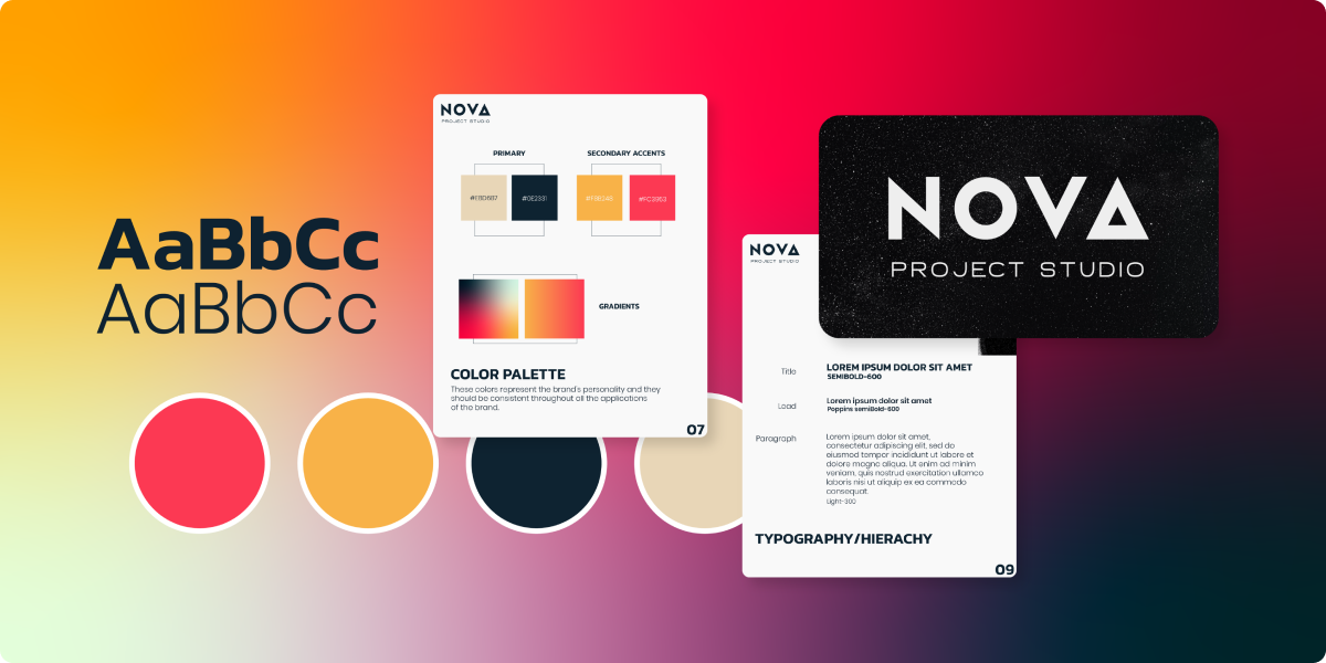 A branding board for NOVA Project Studio, a project management firm, displays a color palette, typography samples, logo design, and gradient background in shades of yellow, red, peach, and dark blue.