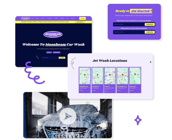 Screenshot of a car wash website branding case study, featuring the homepage, newsletter signup, jet wash locations on a map, and a video thumbnail of a car being washed—all highlighted by purple, yellow, and white accents.