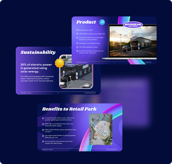 Three digital slides present a branding case study on Moonbeam Solar Car Wash, spotlighting product features, solar-powered sustainability, and retail park benefits—complete with images of the car wash and a map.