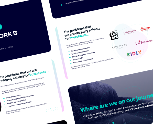 A digital slide deck displays a branding case study with sections on problems solved for merchants and businesses, client logos, graphs, bullet points, and a landscape image with text overlay. The design uses modern fonts and colors.