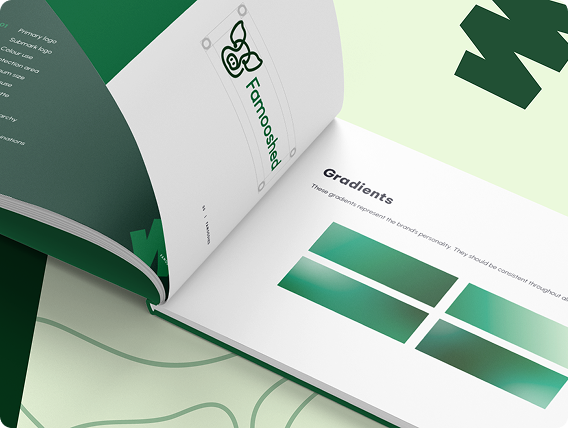 An open branding case study book displays the Farmoshed logo on one page and green gradient color swatches labeled Gradients on the other, set against a light background.